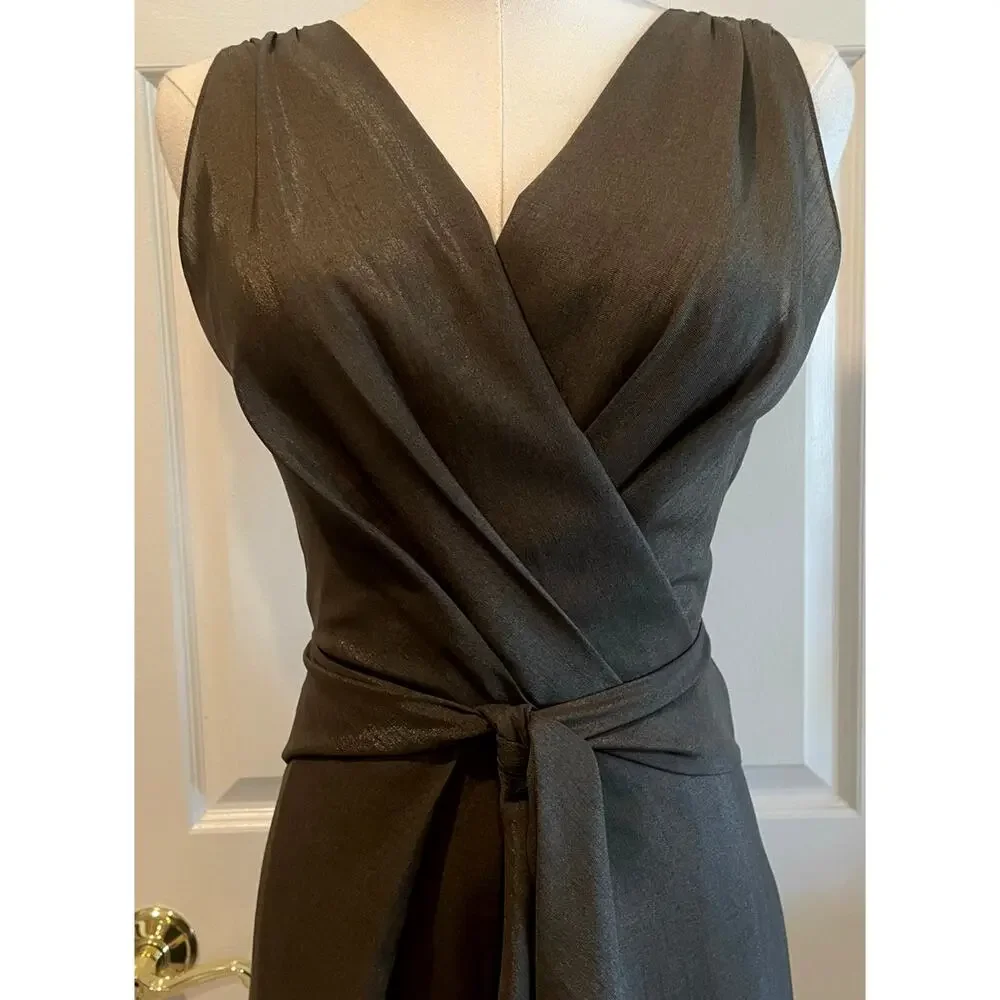 Italian e Collezioni Silk Brown Surplice Wrap Sleeveless Midi Tie Waist Dress S